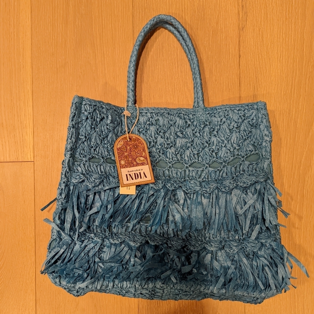 Handcrafted Blue Raffia Fringe Tote Bag - India